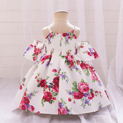 Cross-border new arrival girls' princess dress children's printed dress one year old Celebration dress summer off-the-shoulder dress satin long dress
