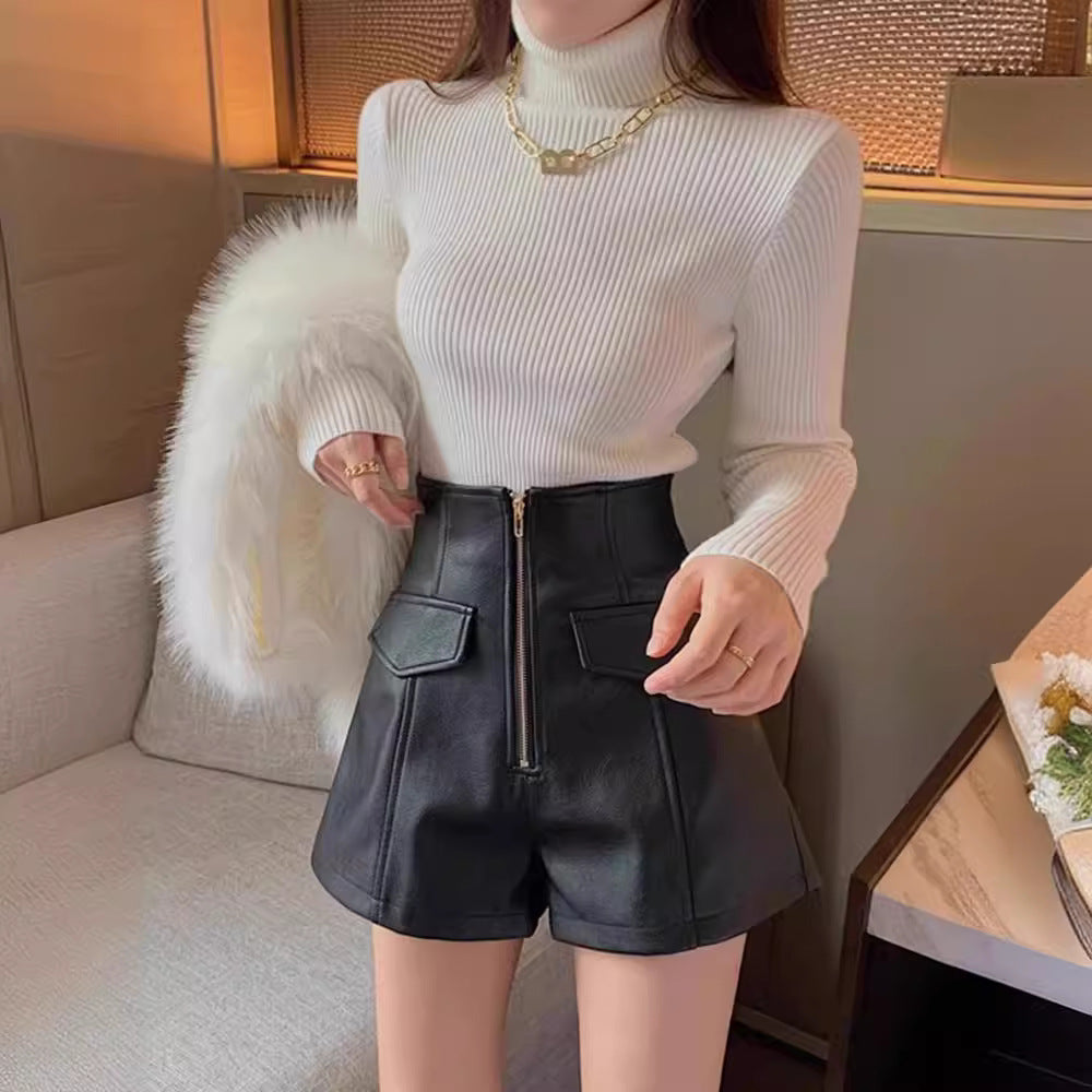 2023 autumn and winter New PU leather shorts women's high waist slimming sense of design zipper A- line pants fashion Korean style boot pants