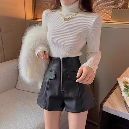 2023 autumn and winter New PU leather shorts women's high waist slimming sense of design zipper A- line pants fashion Korean style boot pants