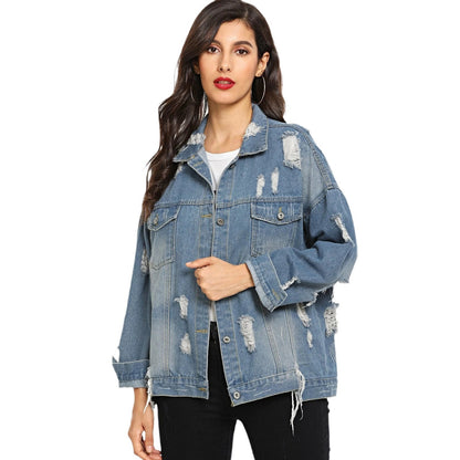 Autumn Winter New Women's Ripped Denim Jacket