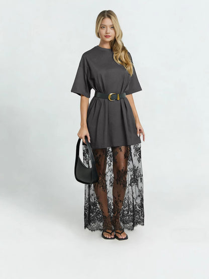 2026 Summer New Plump Girls’ Plus-Size Slimming Casual Solid-Color European and American Personalized Designer-Look Lace Patchwork Dress
