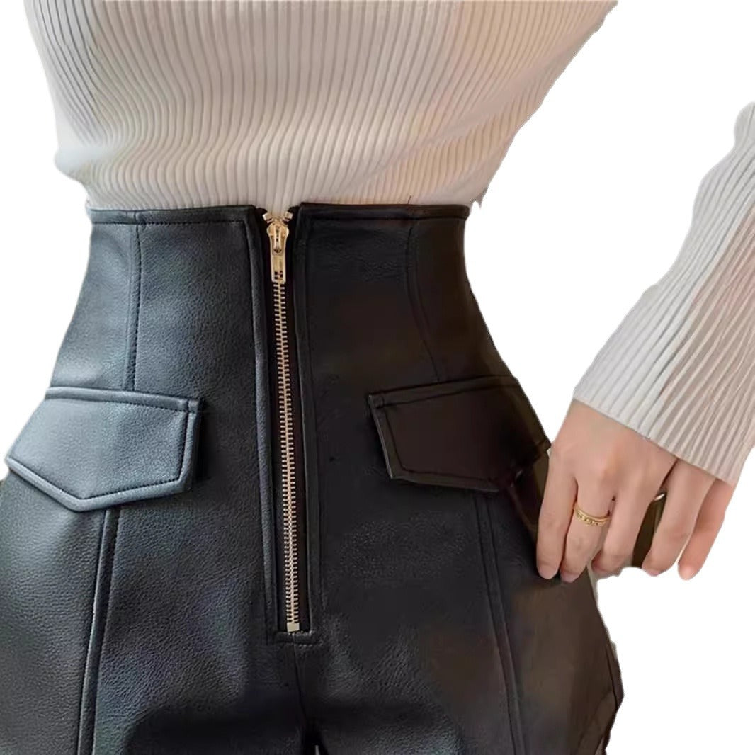 2023 autumn and winter New PU leather shorts women's high waist slimming sense of design zipper A- line pants fashion Korean style boot pants