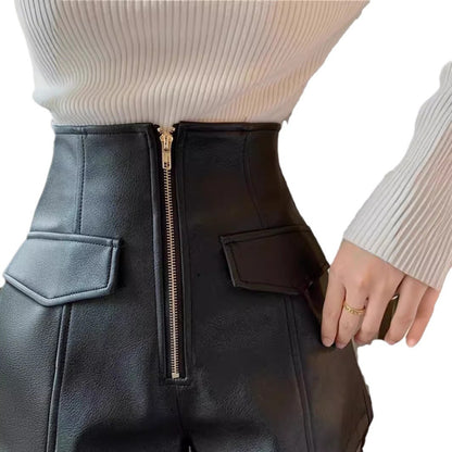 2023 autumn and winter New PU leather shorts women's high waist slimming sense of design zipper A- line pants fashion Korean style boot pants