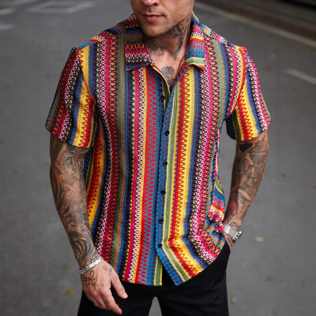 Polyester Men's Casual Printed Short-Sleeved Stand-Up Collar Shirt
