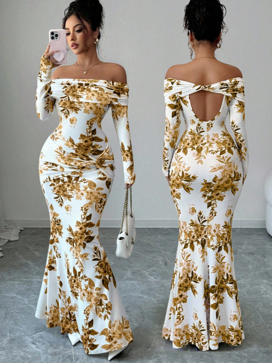 Europe and America cross border hot sale 2026 autumn new printed long dress elegant slim off-shoulder long sleeve dress for women now