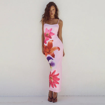 JY24198 suspender flower printed sexy dress 2024 Summer new hot girl backless slim fit long dress for women