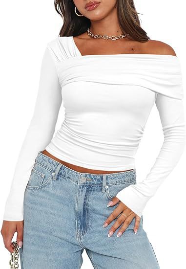Amazon hot selling product 2025 spring and autumn Women's One shoulder long-sleeved shirt pleated going out tops slim y2g shirt