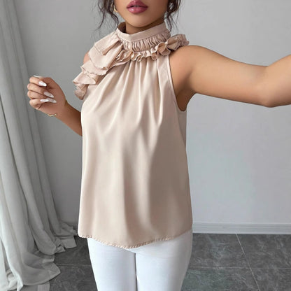 2026 cross-border European and American Amazon fashionable elegant petal collar halter off-shoulder slim sleeveless solid color top for women