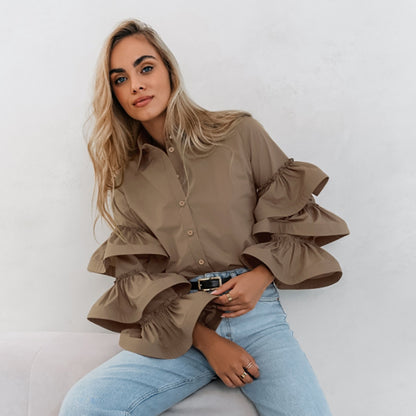 French White Ruffle Blouse Cotton Collar Shirt |tops