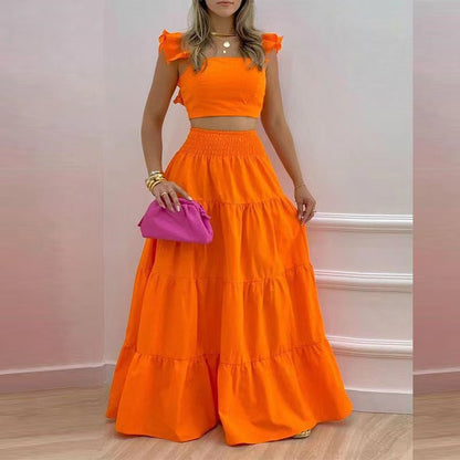 2024 Summer European and American Amazon cross-border new arrival temperament sexy backless solid color two-piece sling maxi dress