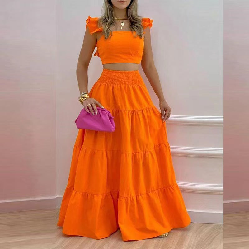 2024 Summer European and American Amazon cross-border new arrival temperament sexy backless solid color two-piece sling maxi dress