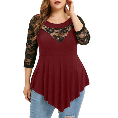 European and American plus size women's clothes lace patchwork round neck 7-point sleeve t-shirt women's loose slimming irregular top foreign trade Wholesale