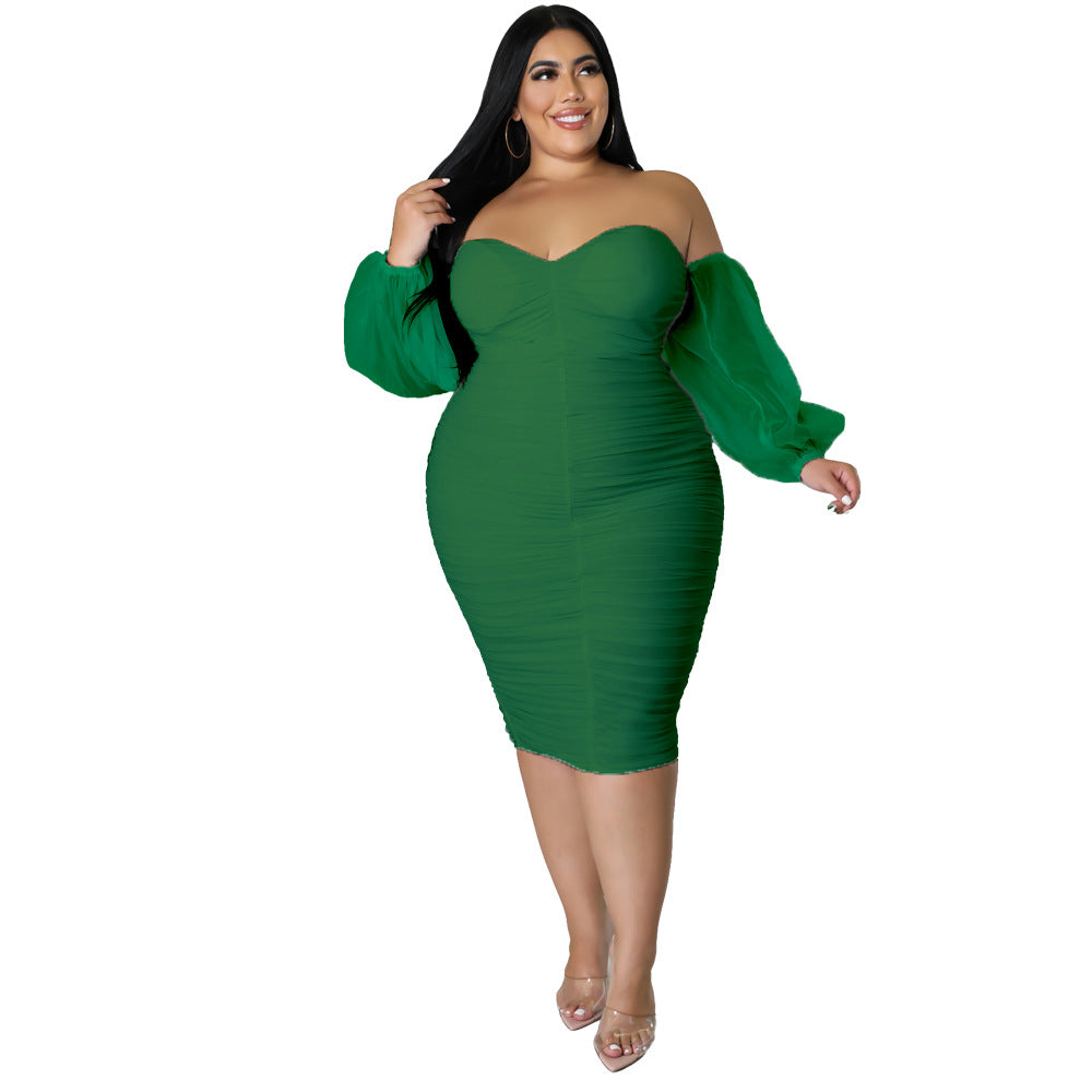 2022 European and American autumn New plus size women's clothing dress Amazon skinny mesh pleated long sleeve plus-size clothes