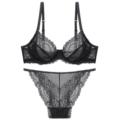 European and American sponge-free transparent big chest French ultra-thin breathable underwear sexy lace lingerie women bra set women