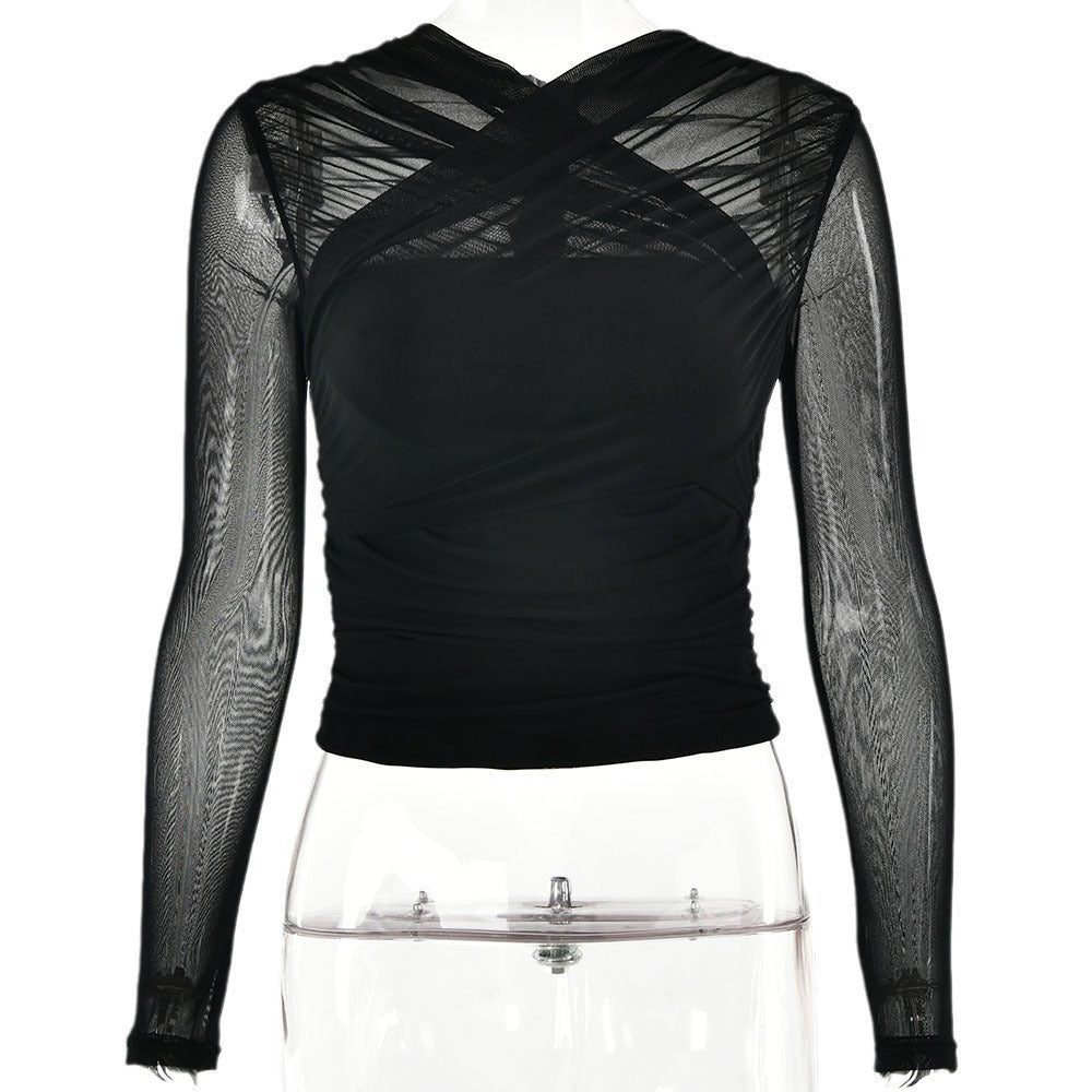 New Autumn Winter Cross Back Zipper Mesh Long Sleeve Top