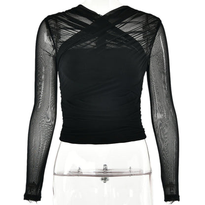 New Autumn Winter Cross Back Zipper Mesh Long Sleeve Top