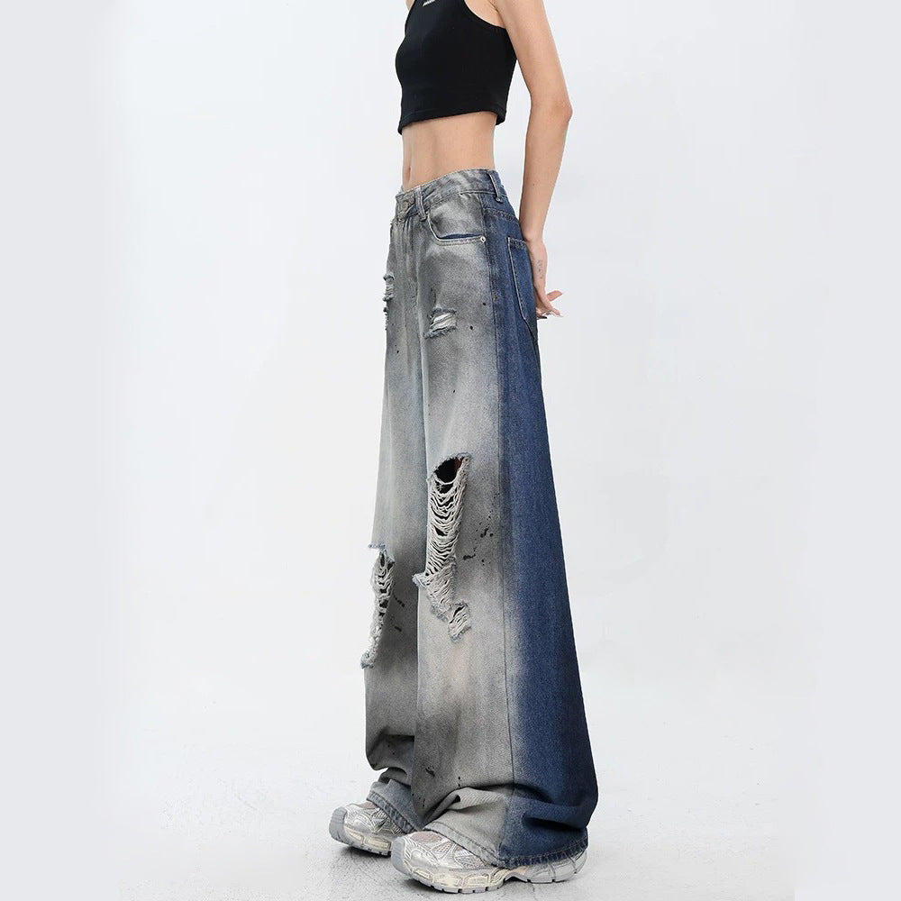 2024 autumn and winter straight high waist jeans for women loose trendy gradient color design personality drooping wide-leg pants