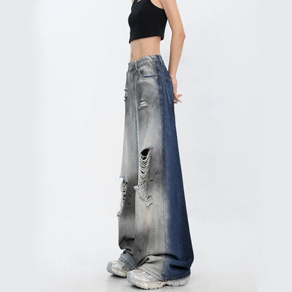 2024 autumn and winter straight high waist jeans for women loose trendy gradient color design personality drooping wide-leg pants