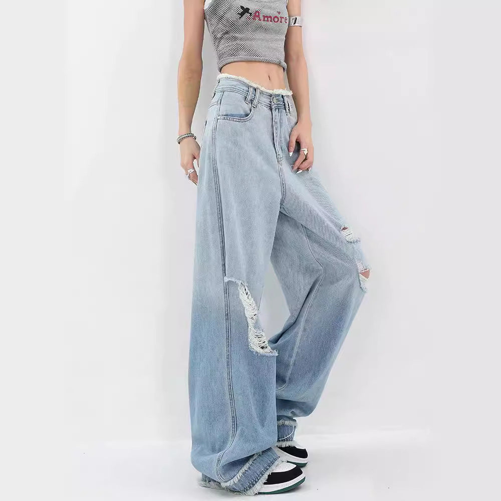 KEN STUDIO summer blue gradient water washed hole jeans women's raw edges design draping mopping pants pants