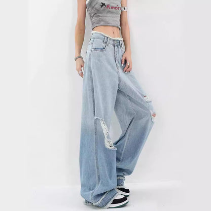 KEN STUDIO summer blue gradient water washed hole jeans women's raw edges design draping mopping pants pants