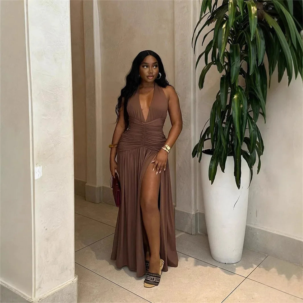 European and American new cross-border fashion pure color halter lace-up backless slim fit sexy slit pleated maxi dress women