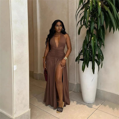 European and American new cross-border fashion pure color halter lace-up backless slim fit sexy slit pleated maxi dress women