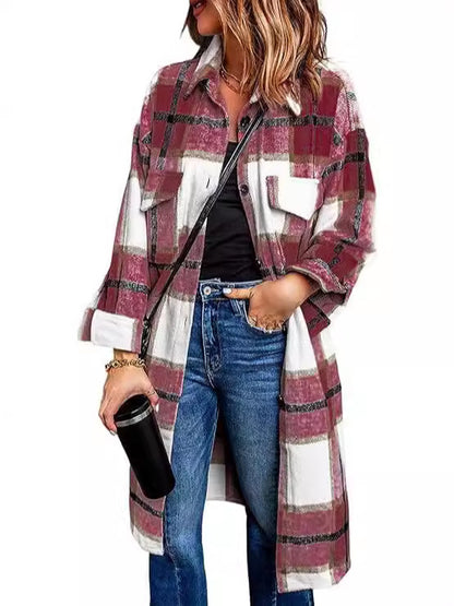Women's 2024 mid-length plaid jacket long sleeve button shirt fashion Winter brushed woolen dress and coat