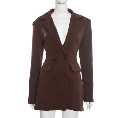D25DS420 European and American women's clothing autumn new solid color casual slim fit suit long sleeve Bud faux pocket dress