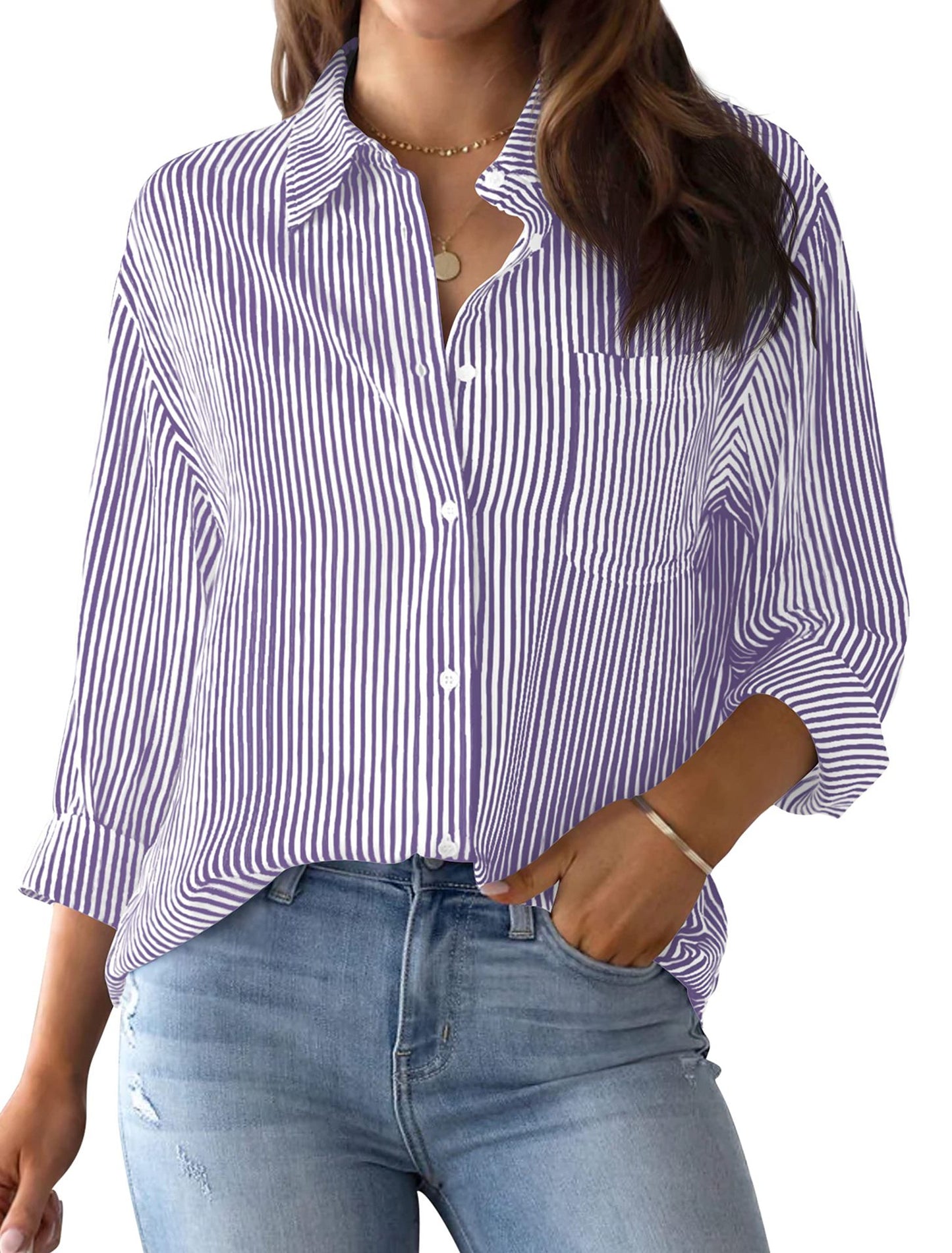 Women's button-down shirt striped classic long sleeve collar office work shirt top with pockets