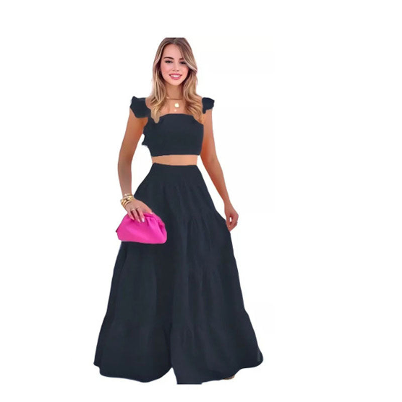 2024 Summer European and American Amazon cross-border new arrival temperament sexy backless solid color two-piece sling maxi dress