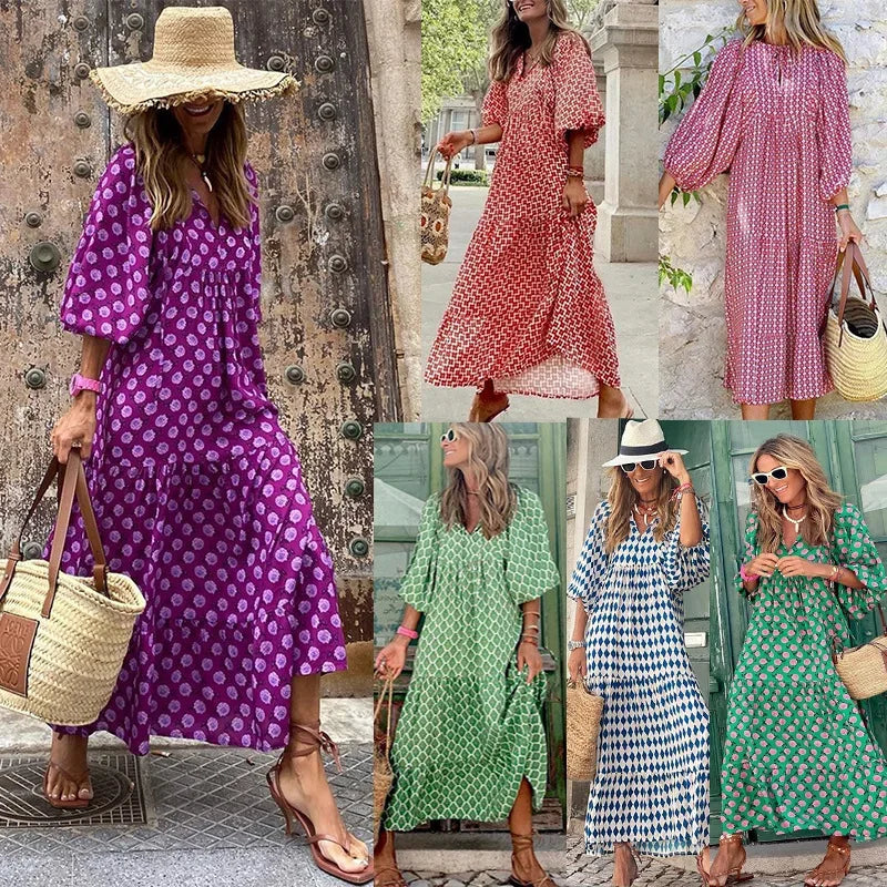 Spring and Autumn European and American new geometric collage puff sleeve dress female street fried street plus size women's dress