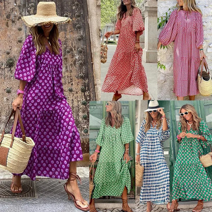 Spring and Autumn European and American new geometric collage puff sleeve dress female street fried street plus size women's dress