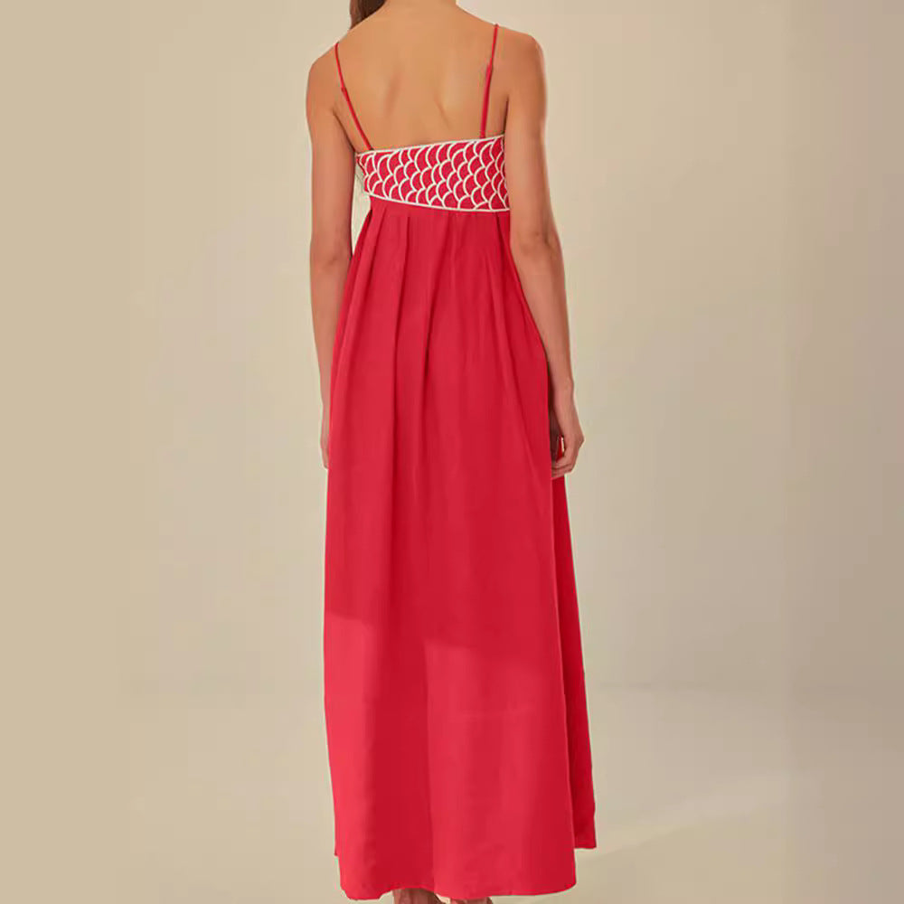 Europe and America cross border 2024 Summer new fashion elegant red fish-shaped top extra long dress backless slip dress
