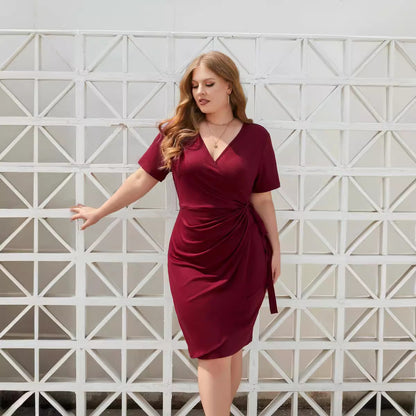 Cross-border plus size women's clothing plus size solid color casual holiday dress bandage vacation V-neck mid-length dress