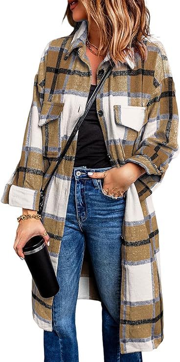 Women's 2024 mid-length plaid jacket long sleeve button shirt fashion Winter brushed woolen dress and coat