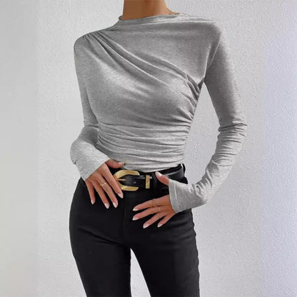 Cross-border 2025 European and American solid color slim bottoming shirt versatile pleated design long sleeve T-shirt women's top