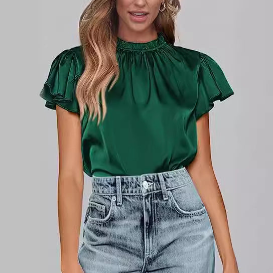 Women's summer satin shirt casual pleated short sleeves round neck party top