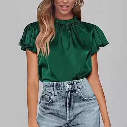 Women's summer satin shirt casual pleated short sleeves round neck party top