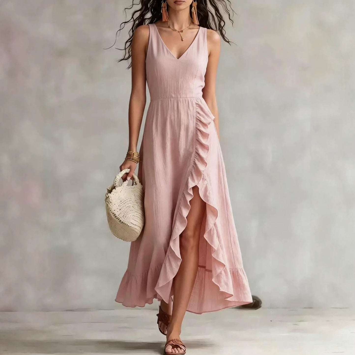 Cross-border foreign trade y2g summer women's V-neck sleeveless dress pink ruffled slit vacation style Beach maxi dress