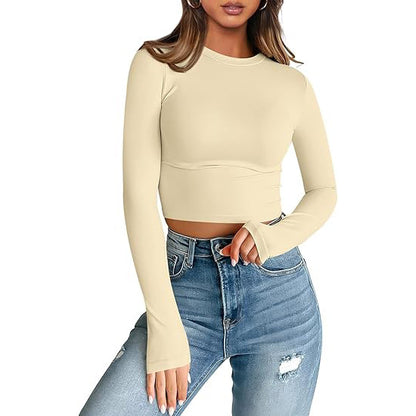 European and American style women long sleeves cropped T-shirt autumn top fashion basic slim hot girl shirt milk Silk women's clothing
