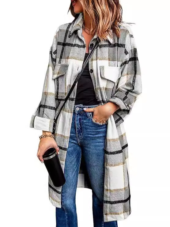 Women's 2024 mid-length plaid jacket long sleeve button shirt fashion Winter brushed woolen dress and coat