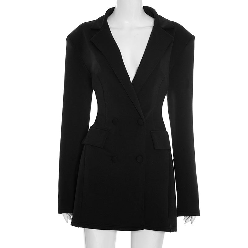 D25DS420 European and American women's clothing autumn new solid color casual slim fit suit long sleeve Bud faux pocket dress