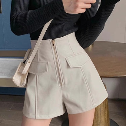 2023 autumn and winter New PU leather shorts women's high waist slimming sense of design zipper A- line pants fashion Korean style boot pants
