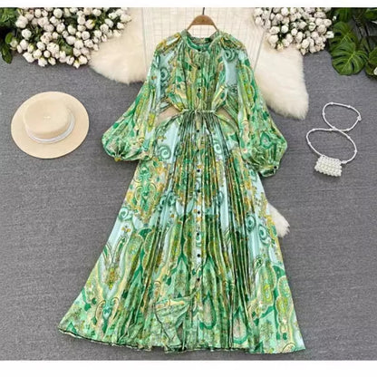 Luxe lange lantaarmouwen knopen ceintuur bedrukte maxi-jurk