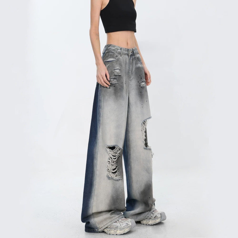2024 autumn and winter straight high waist jeans for women loose trendy gradient color design personality drooping wide-leg pants