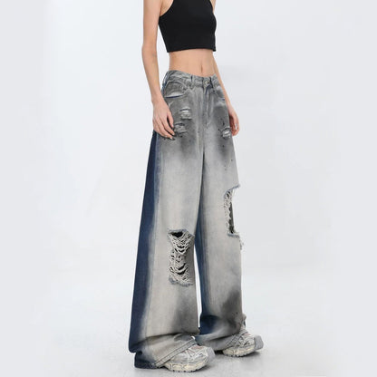 2024 autumn and winter straight high waist jeans for women loose trendy gradient color design personality drooping wide-leg pants