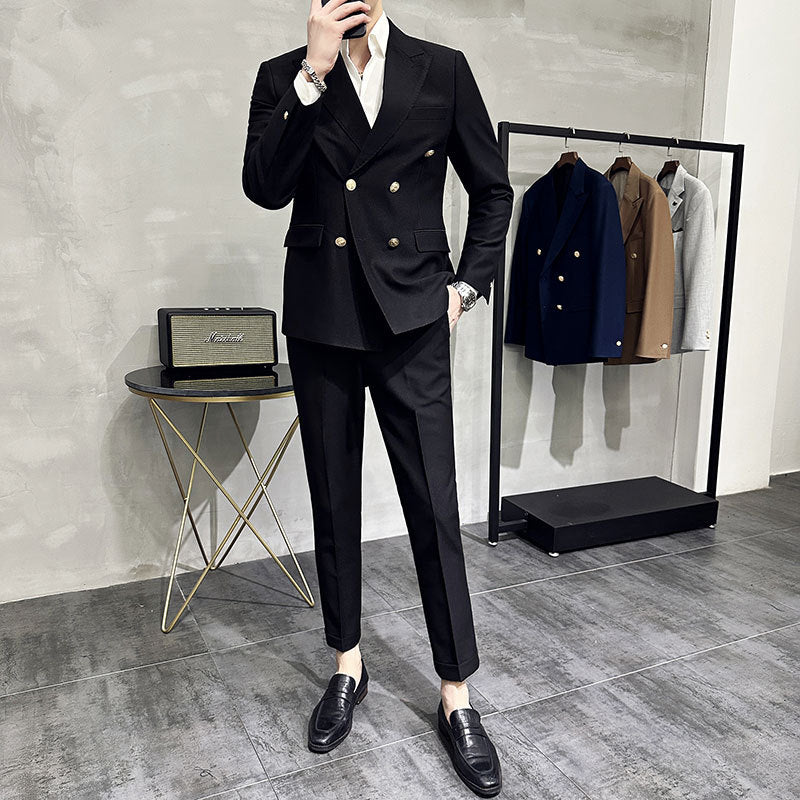 High-end double-breasted suit suit men's youth casual business closure collar temperament host suit two-piece suit