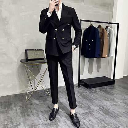 High-end double-breasted suit suit men's youth casual business closure collar temperament host suit two-piece suit