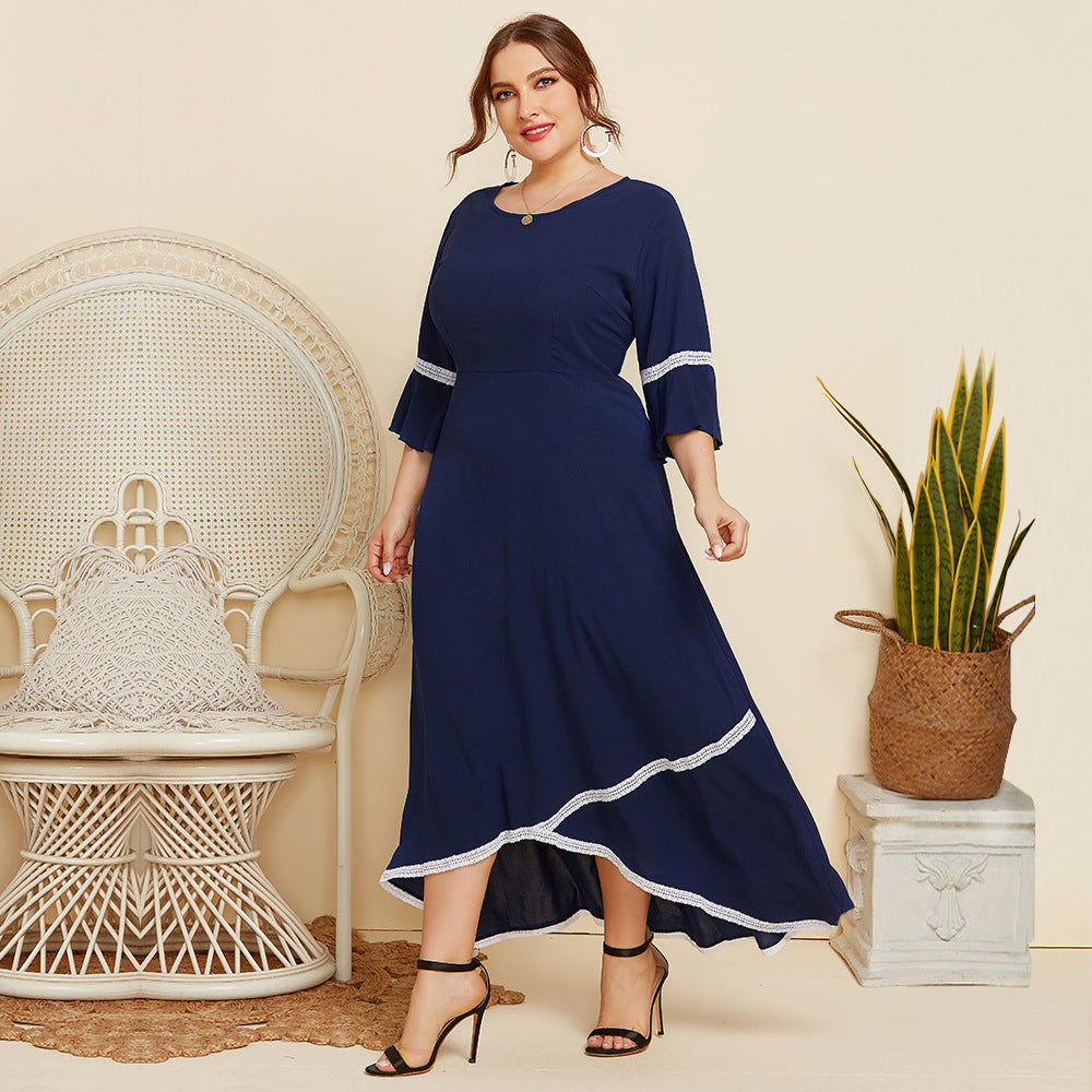 Plus size maxi-jurk met kanten patchwork ronde hals en 3/4 mouwen