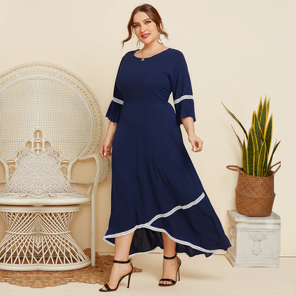 Plus size maxi-jurk met kanten patchwork ronde hals en 3/4 mouwen